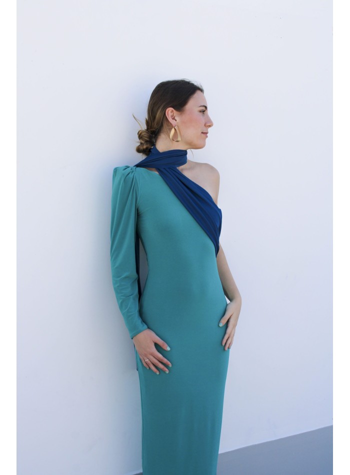 Long party dress with asymmetrical neckline and...
