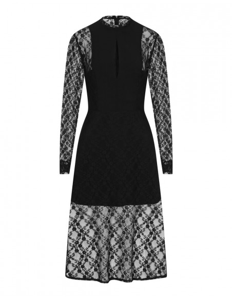 vestido midi negro de encaje con mangas largas para invitadas