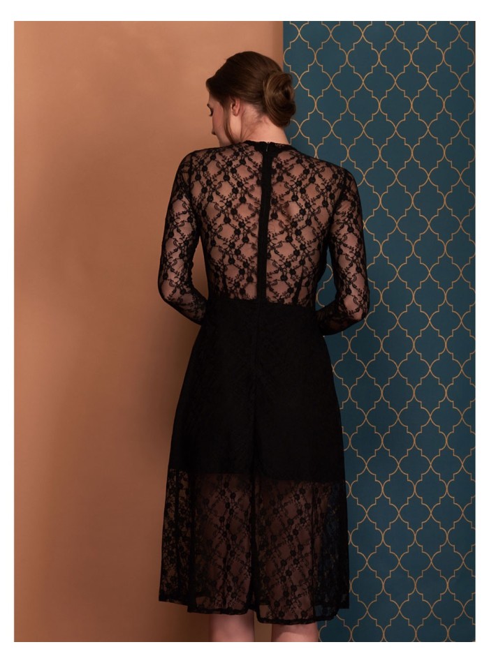 Black midi dress with long lace sleeves - Amelie -3