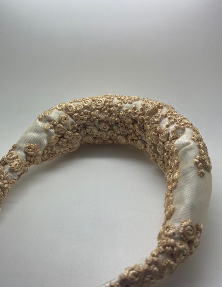 Quilted raw bridal headband with gold embroidery