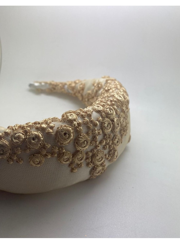 Quilted raw bridal headband with gold embroidery