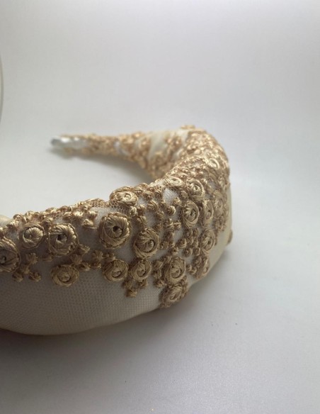 Quilted raw bridal headband with gold embroidery