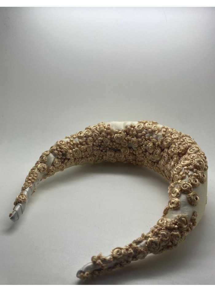 Quilted raw bridal headband with gold embroidery