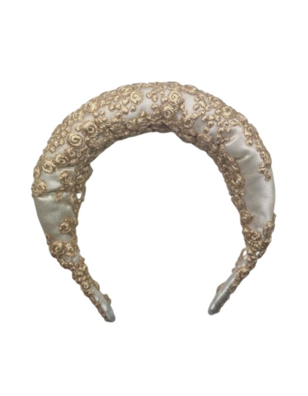 Diadema de novia cruda acolchada con bordado dorado