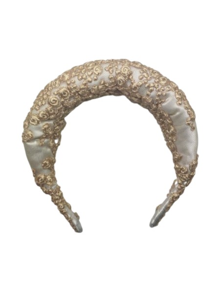Diadema de novia cruda acolchada con bordado dorado
