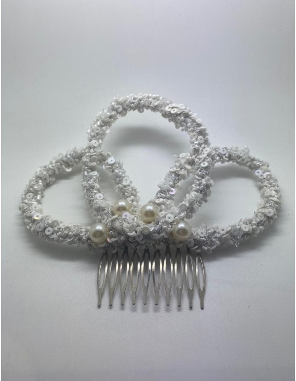 Peigne de mariée blanc avec sequins et perles blanches 2