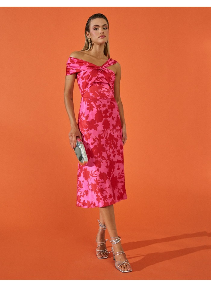 Vestido de fiesta midi con escote bardot y...