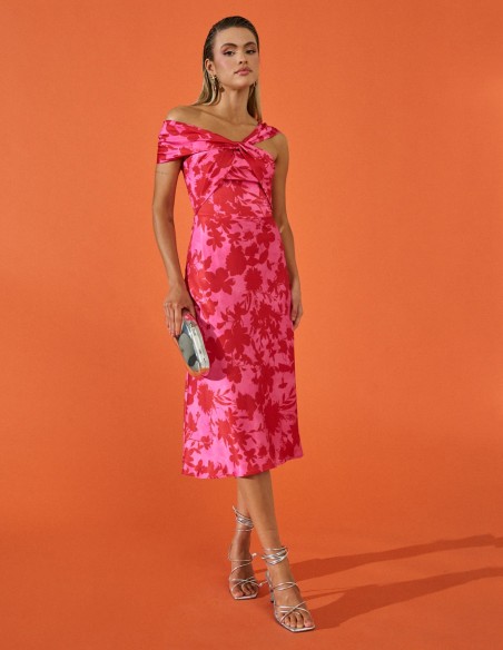 Vestido de fiesta midi con escote bardot y estampado floral - Rocio Camacho
