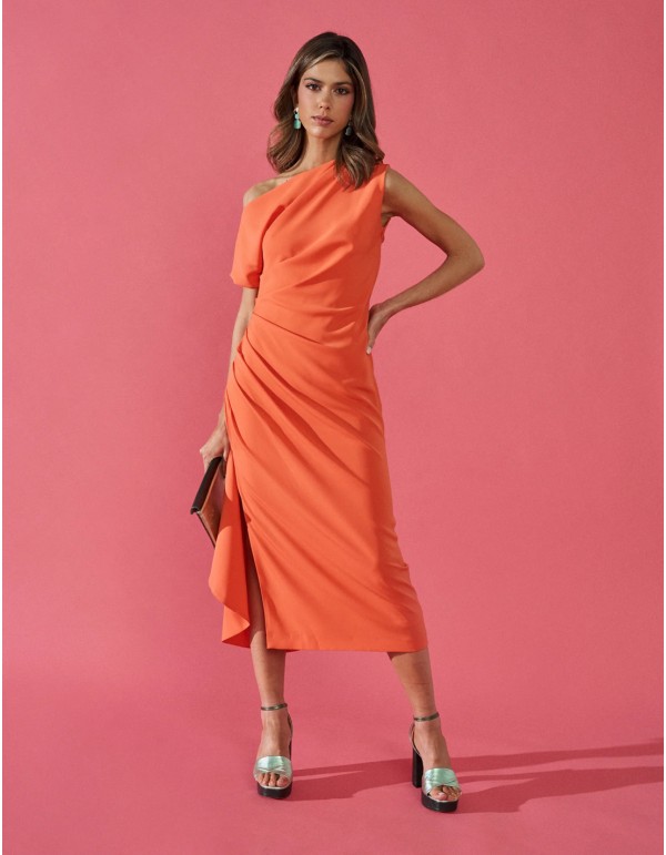Midi party dress with asymmetric ruffled neckline