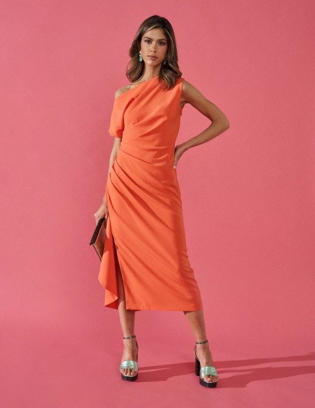 Midi party dress with asymmetric ruffled neckline