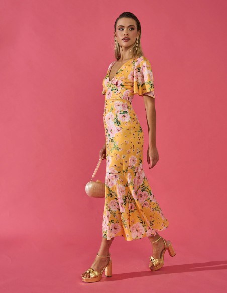 Robe de soirée midi à manches courtes évasées et à imprimé floral