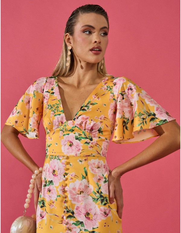 Midi party dress with short flared sleeves and floral print 2