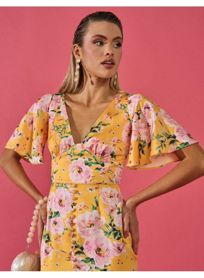 Vestido de fiesta midi con manga corta acampanada y estampado floral para invitada