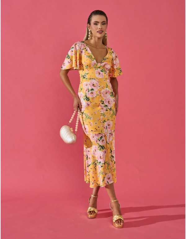 Vestido de fiesta midi con manga corta acampanada y estampado floral