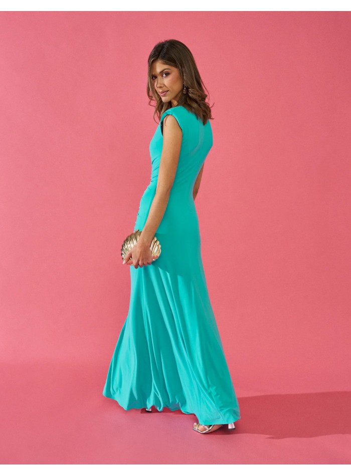 Vestido largo de fiesta con hombreras y fruncido para invitada