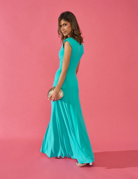 Long party dress with shoulder pads and ruching