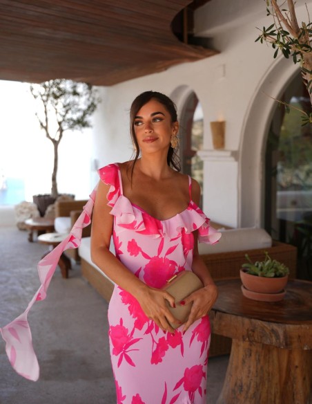 Robe de soirée midi à volants et imprimé floral