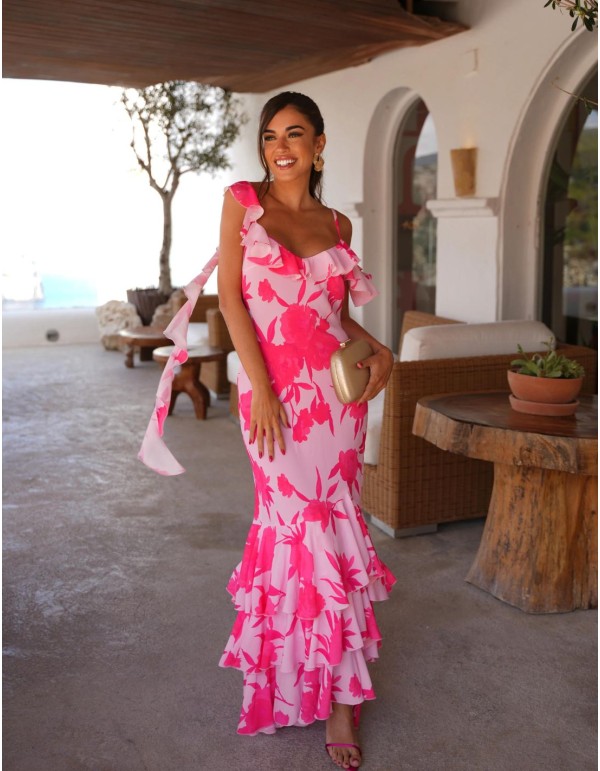 Robe de soirée midi à volants et imprimé floral