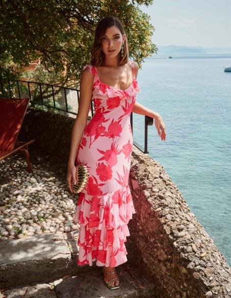 Robe de soirée midi à volants et imprimé floral