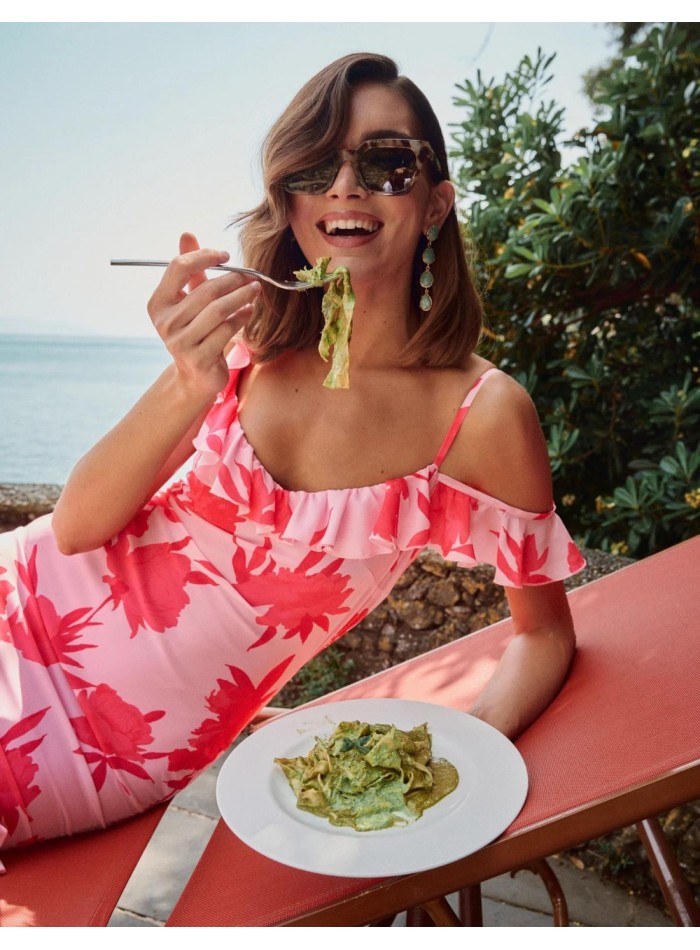 Floral print midi party dress with ruffles