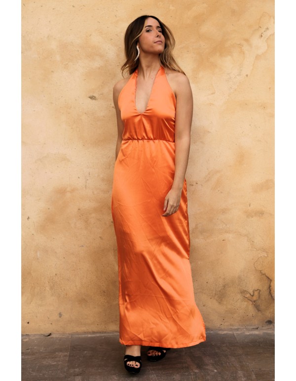 Satin midi dress with open back and flowing skirt