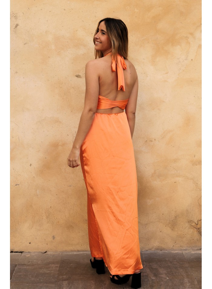 Satin midi dress with open back and flowing skirt