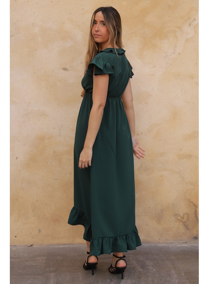 Vestido midi con escote en pico y volante en el...