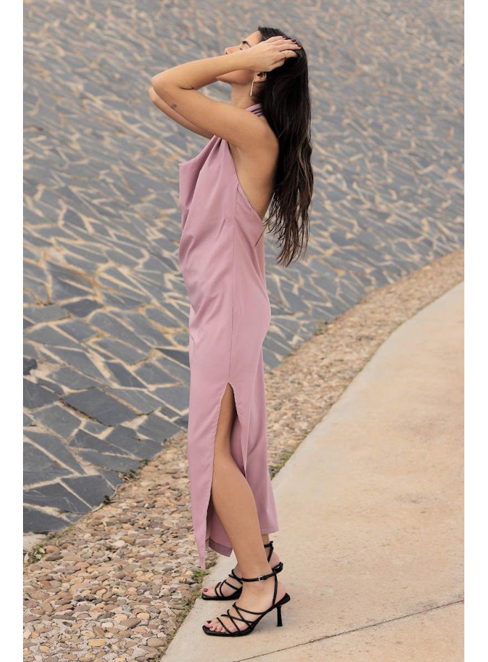 Midi dress with waterfall neckline and open back