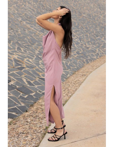 Vestido midi con escote cascada y espalda al aire