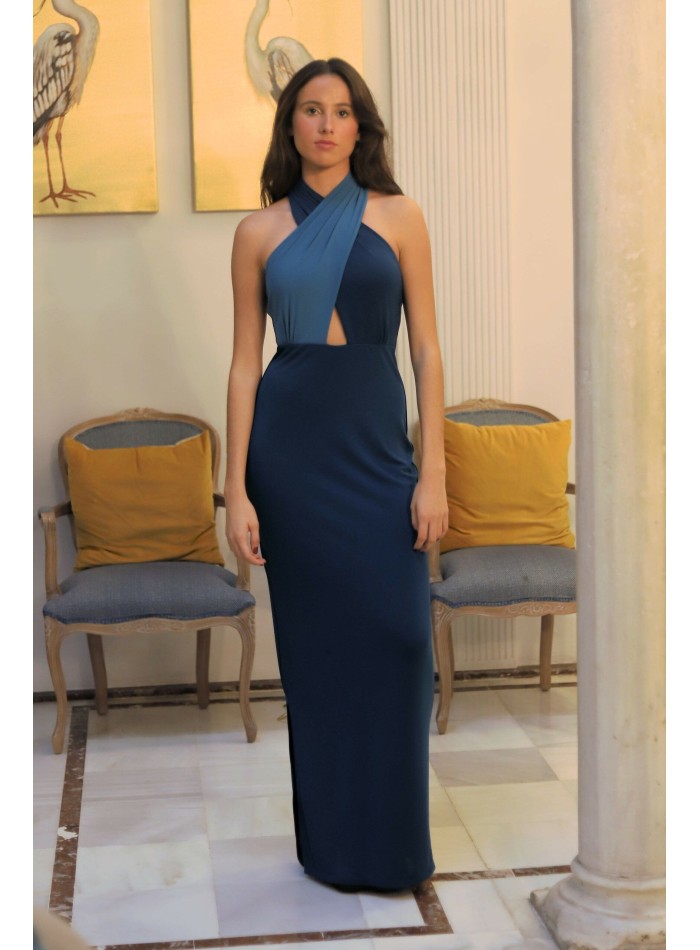Robe longue bicolore avec encolure croisée dos nu
