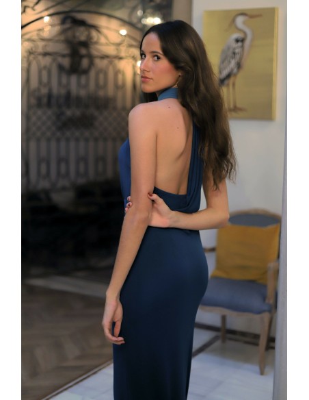 Bicolor long party dress with crossed halter neckline