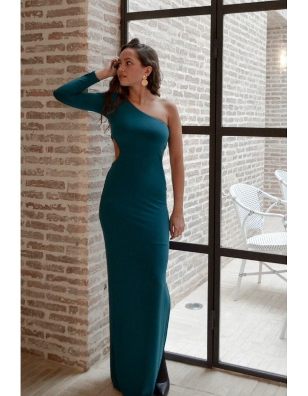 Vestido de fiesta largo con escote asimétrico y manga larga