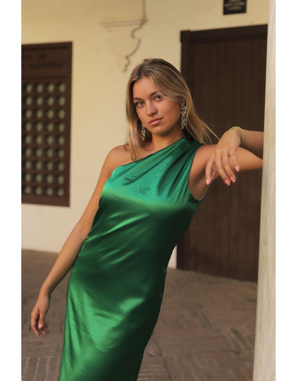 Vestido de fiesta midi satinado con escote asimétrico 2