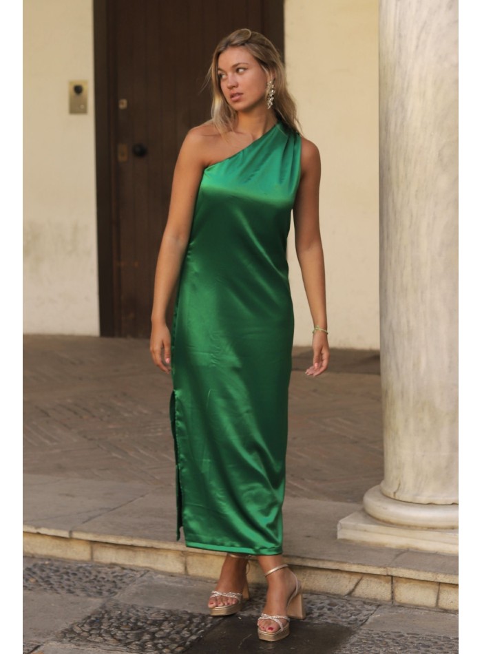 Satin midi party dress with asymmetrical neckline