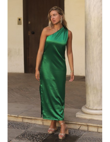 Vestido de fiesta midi satinado con escote asimétrico