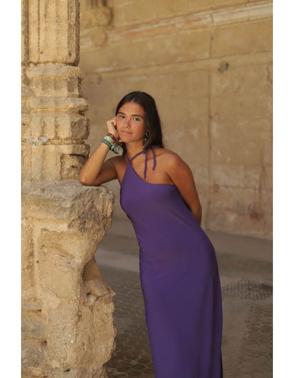 Midi dress with asymmetrical neckline and open back