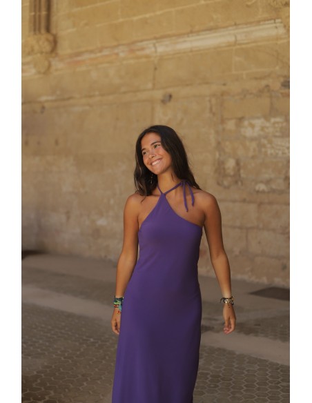 Midi dress with asymmetrical neckline and open back