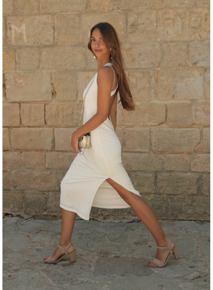 Midi party dress with V-neckline and crossed back