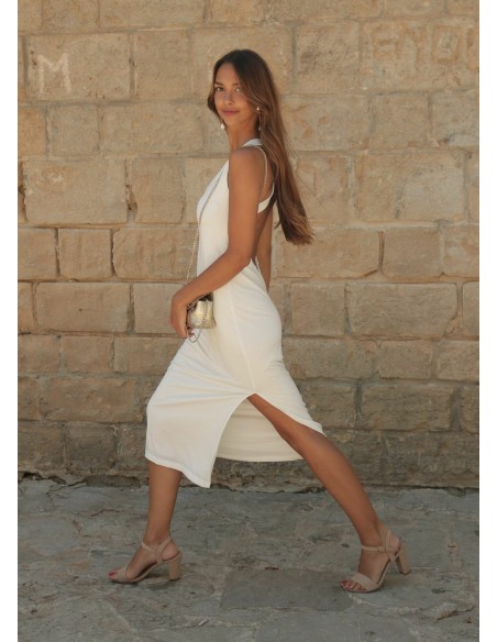 Midi party dress with V-neckline and crossed back