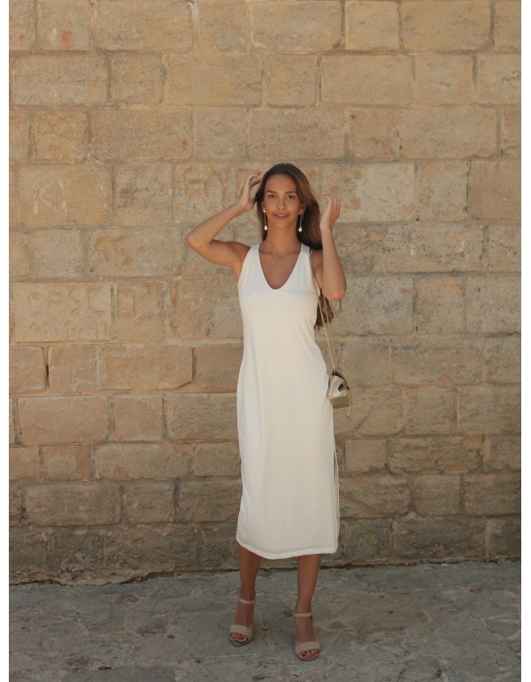 Midi party dress with V-neckline and crossed back