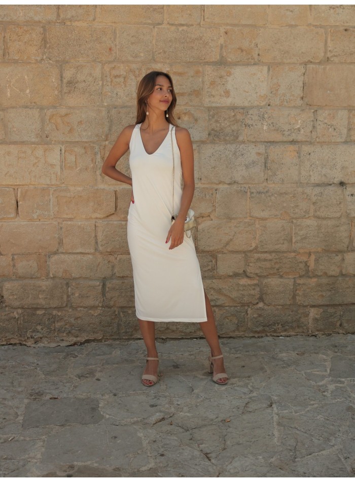 Midi party dress with V-neckline and crossed back
