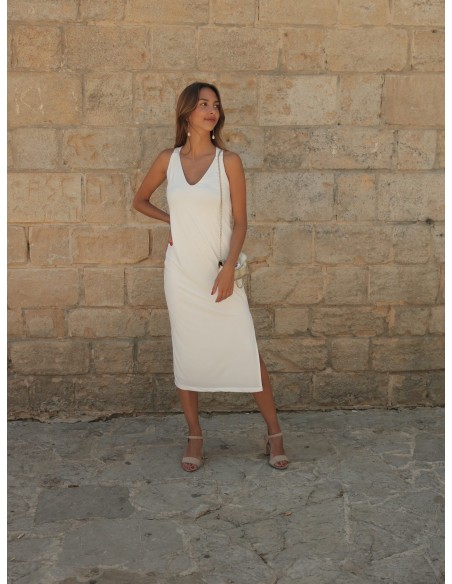 Midi party dress with V-neckline and crossed back