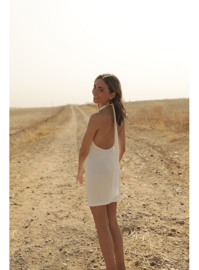 Short dress with lace-up neckline and open back