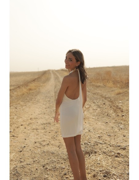 Short dress with lace-up neckline and open back