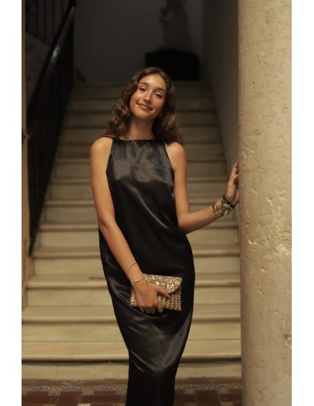 Robe de soirée midi en satin avec décolleté en V