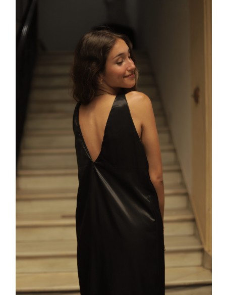 Vestido de fiesta midi satinado con escote en pico