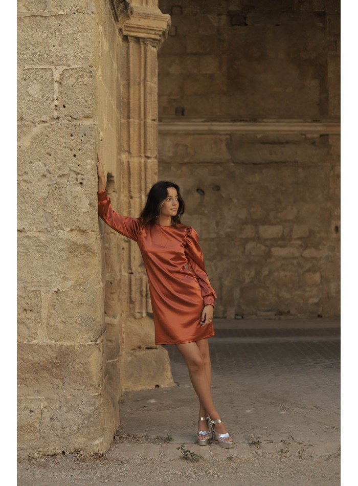 Short satin dress with long sleeves and open back