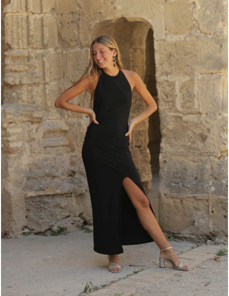 Long strapless party dress with open back