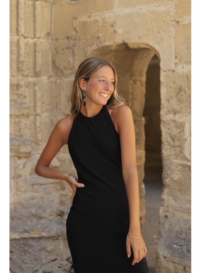 Long strapless party dress with open back