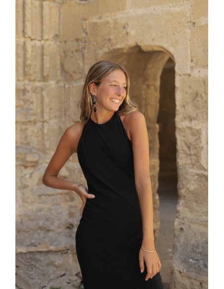 Long strapless party dress with open back